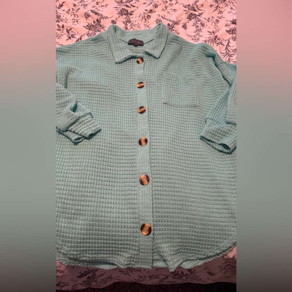 Teal Button-Up Waffle Knit Cardigan